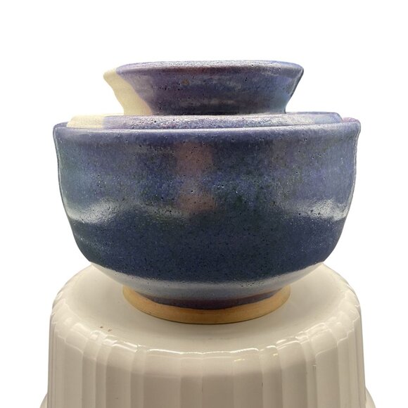Handmade Ceramic Bowl With Lid - Two-Tone Blue & White Glaze 4.5"H x 5.75"D - Picture 2 of 6